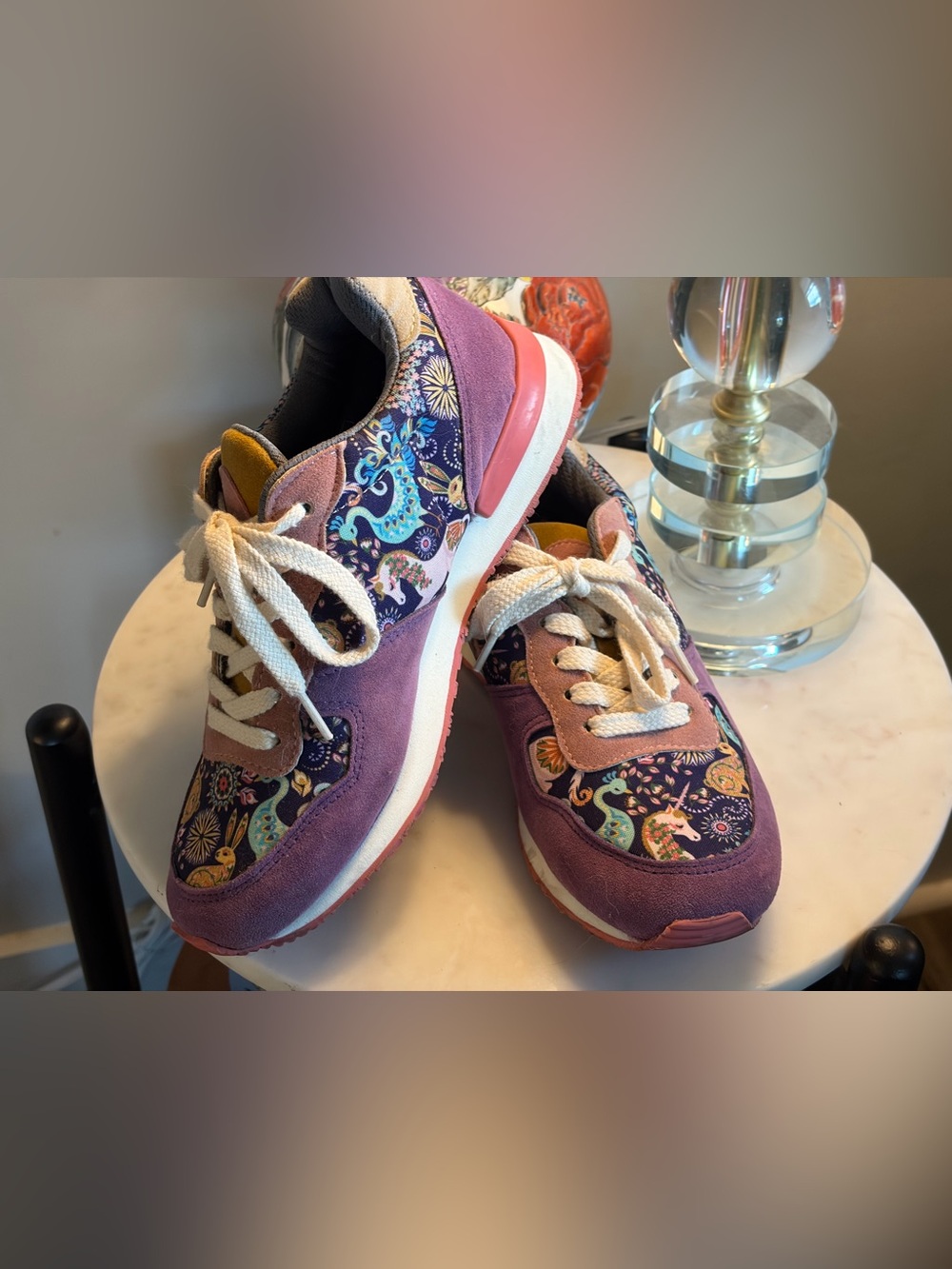 INKKAS LACE UP SNEAKERS- purple toned with super cute birds patterned.Worn once.